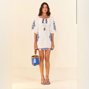 NWT FARM Rio Off-White Navy Embroidery Mini Dress